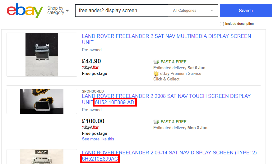 eBay search for "freelander2 display screen"