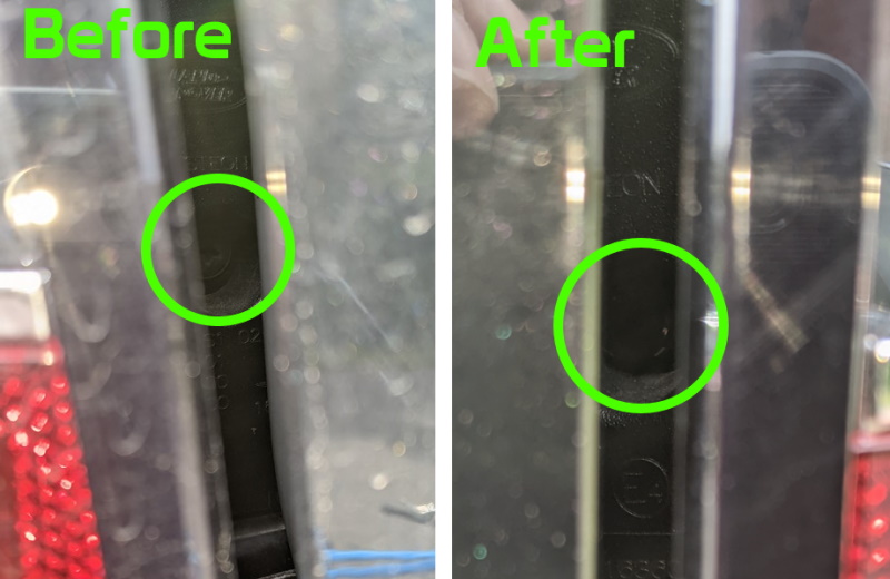 Before and after pictures of the application of the tail light security screw