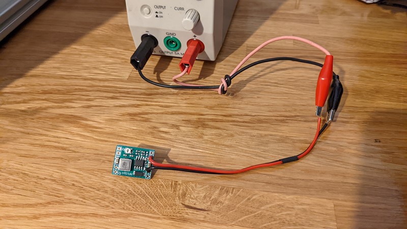 MP1584 based step down buck converter being calibrated with a bench power supply